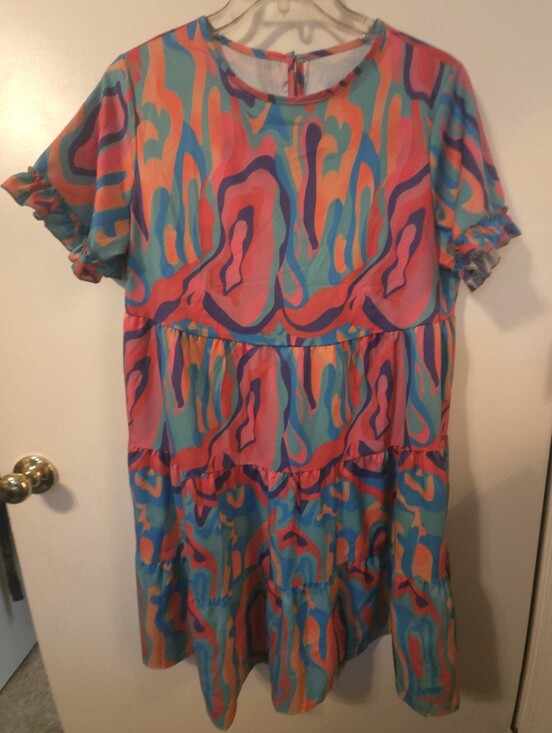 SHEIN Dresses & Skirts - SHEIN Multicolor Abstract Print Tiered Casual Dress - Turquoise, Pink, Orange